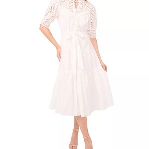 CECE EYELET TRIM MIDI DRESS